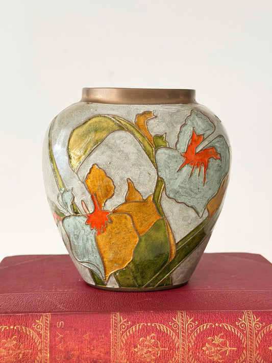 Vintage Art Nouveau Enameled Cast Metal Vase