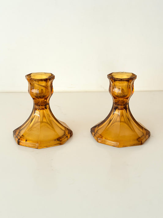 Vintage Anchor Hocking Amber Candlestick Holders
