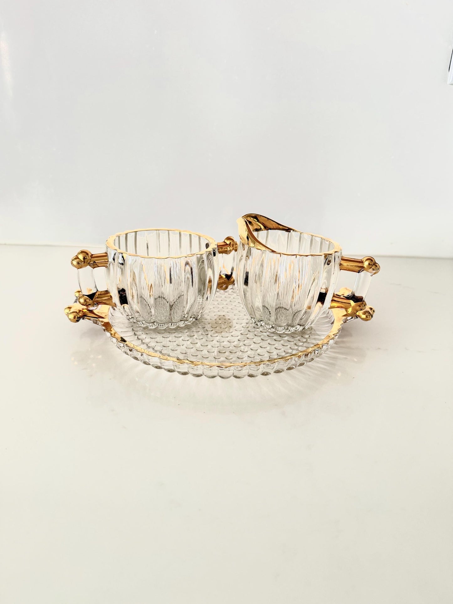 Vintage Jeannette Glass Sugar Bowl and Creamer Set with 22k Gold Rim
