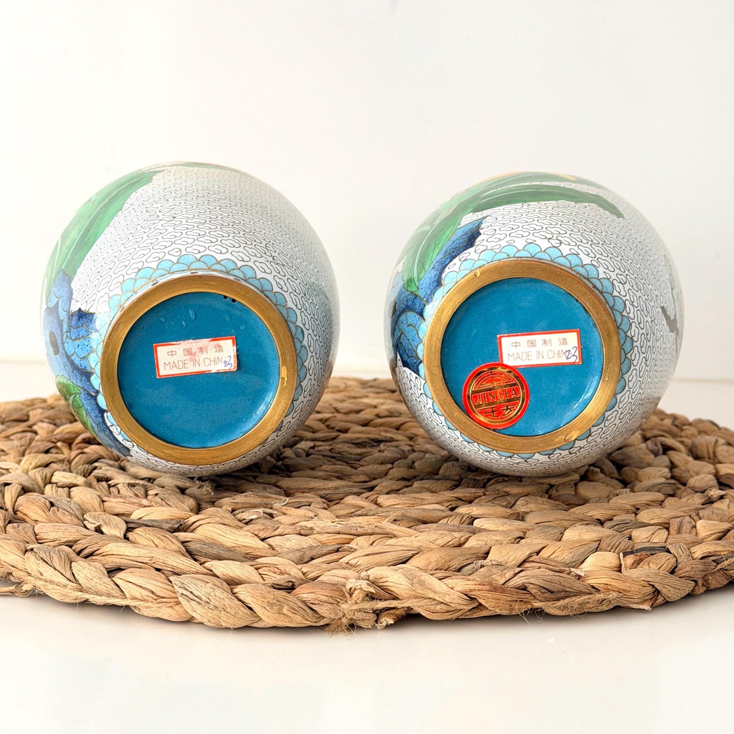 Pair of Vintage Cloisonné Vases with wood bases