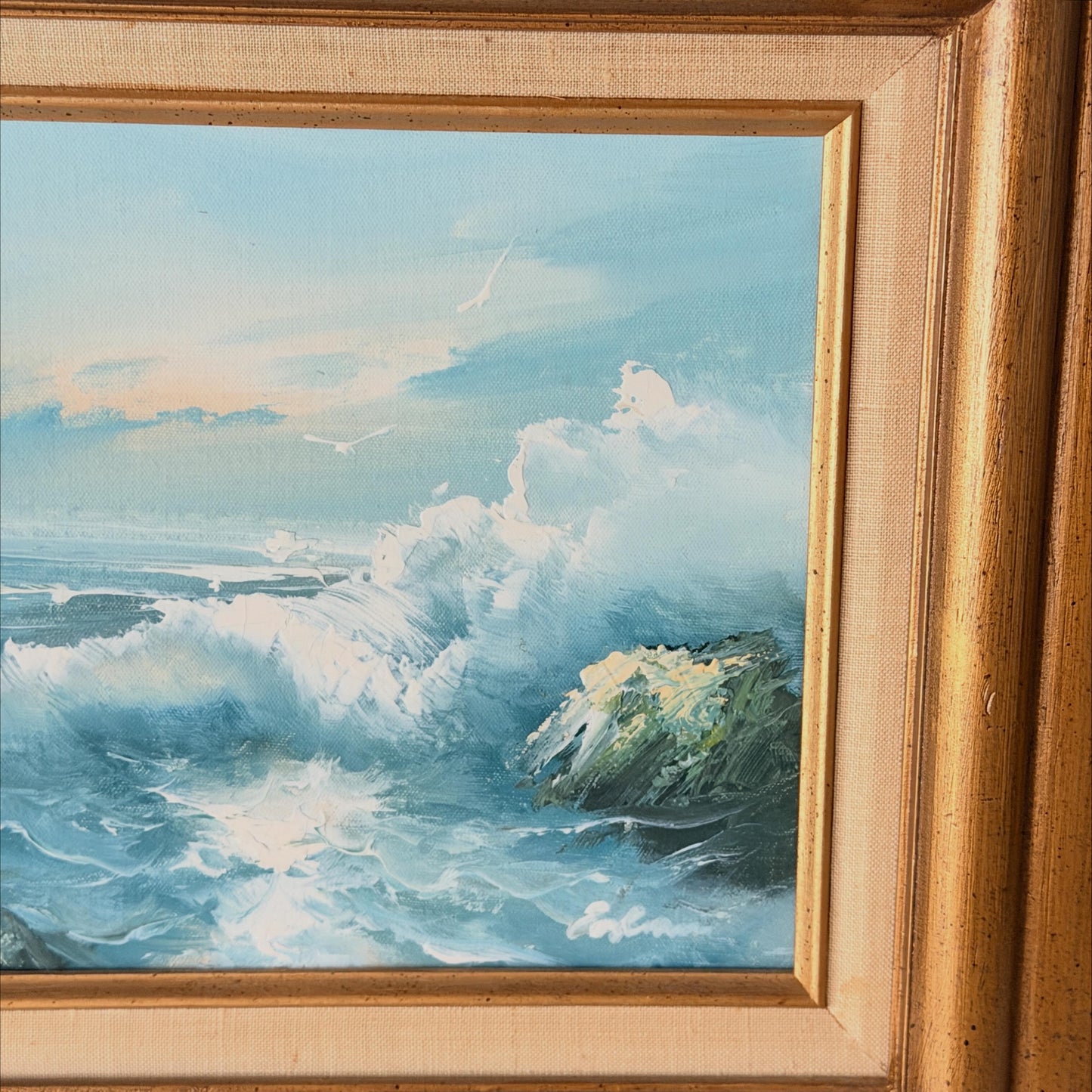 Vintage Original Framed & Signed Crashing Waves Oil Painting