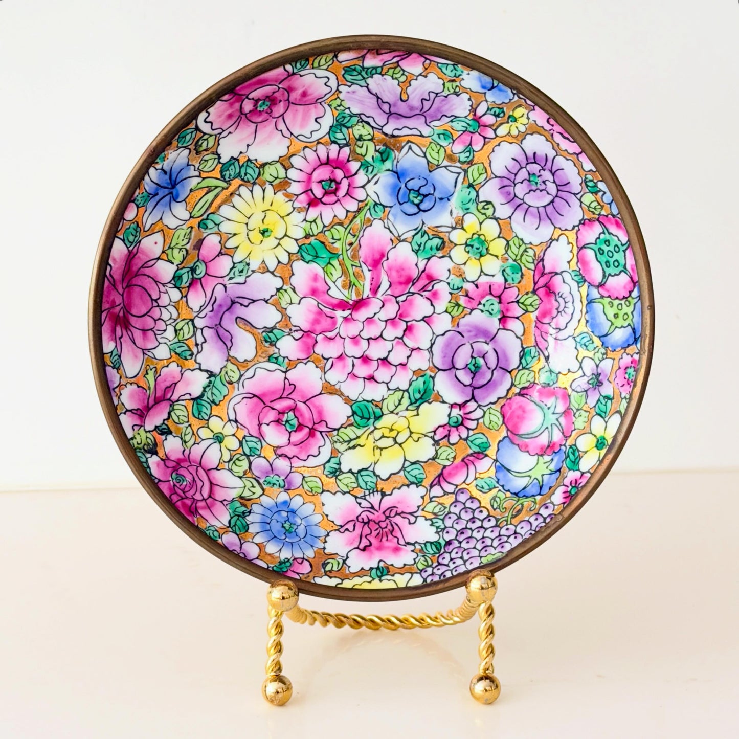 Vintage Mille Fleur Chinese Porcelain and Brass Shallow Bowl