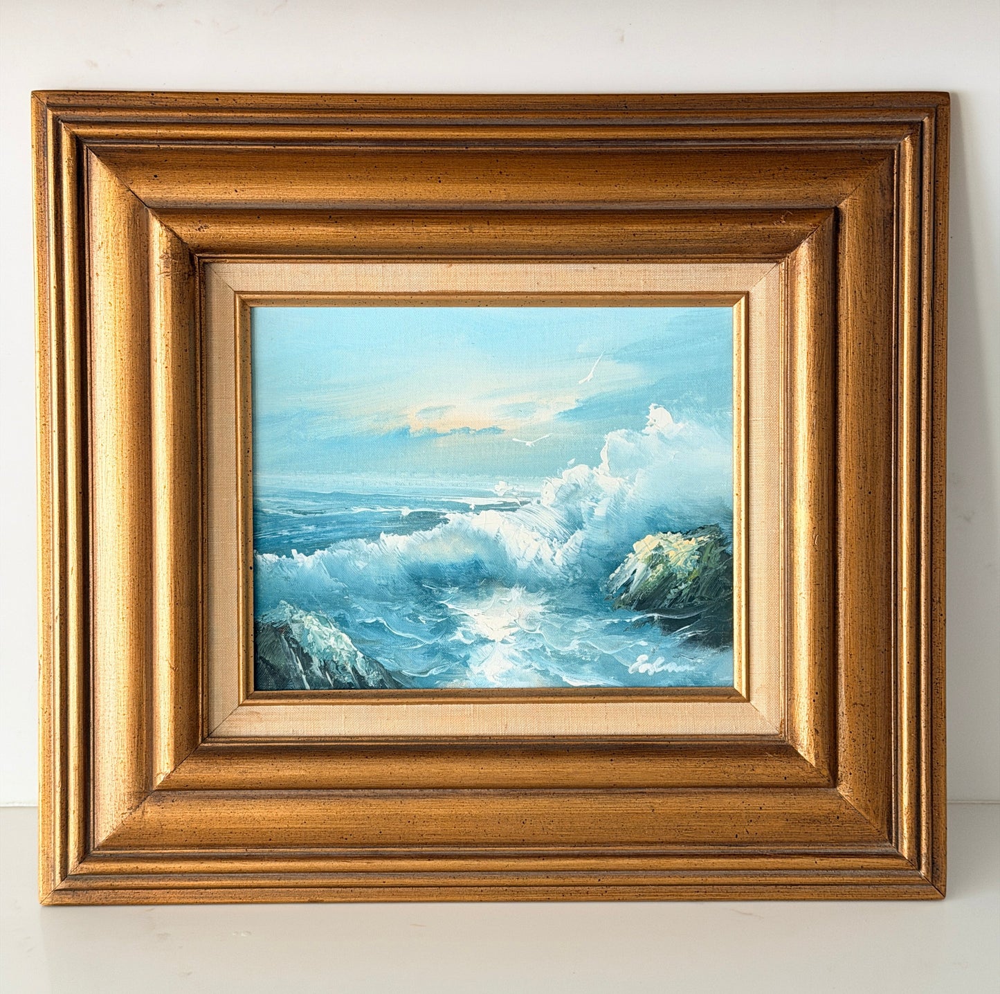 Vintage Original Framed & Signed Crashing Waves Oil Painting