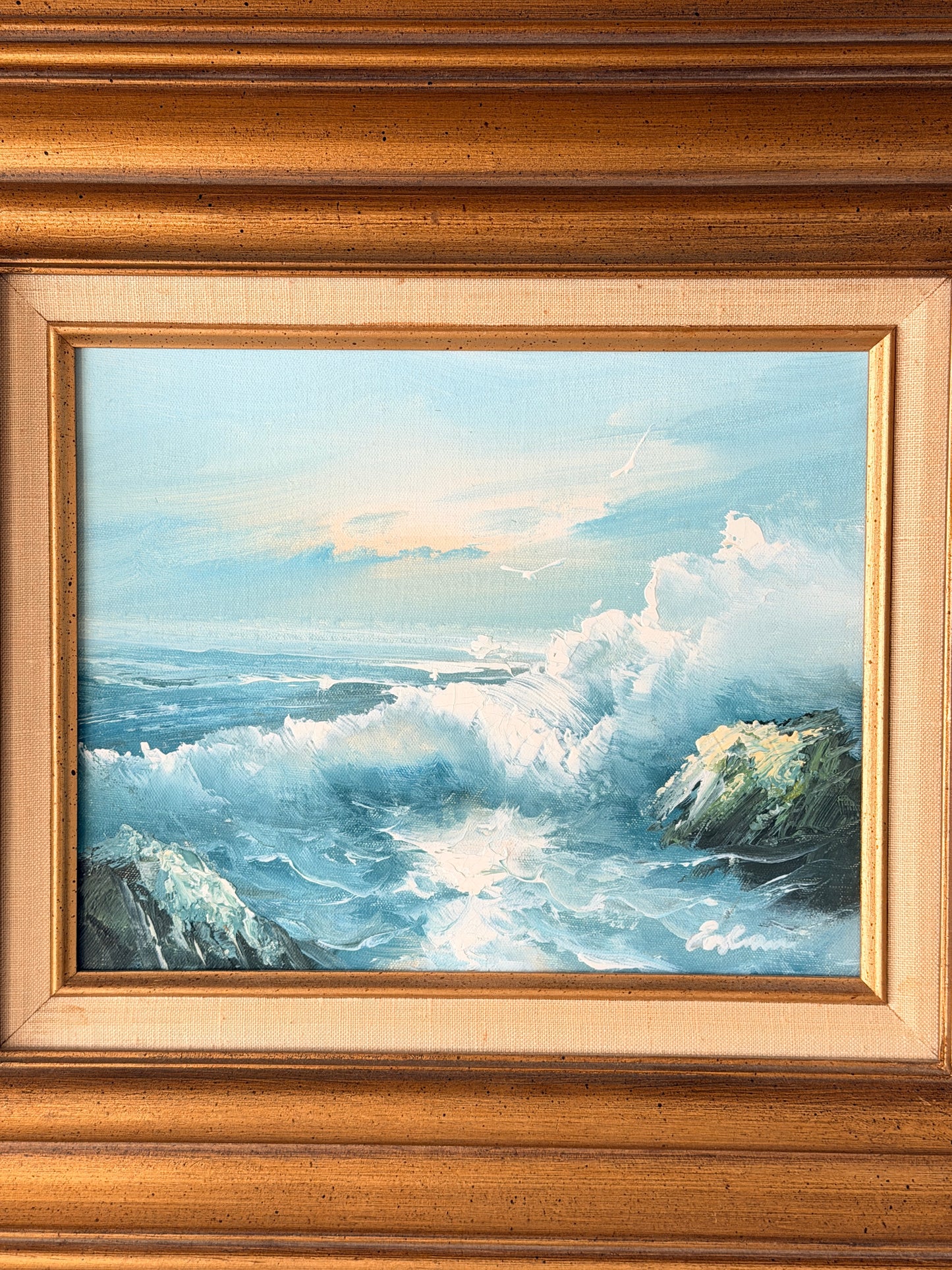 Vintage Original Framed & Signed Crashing Waves Oil Painting