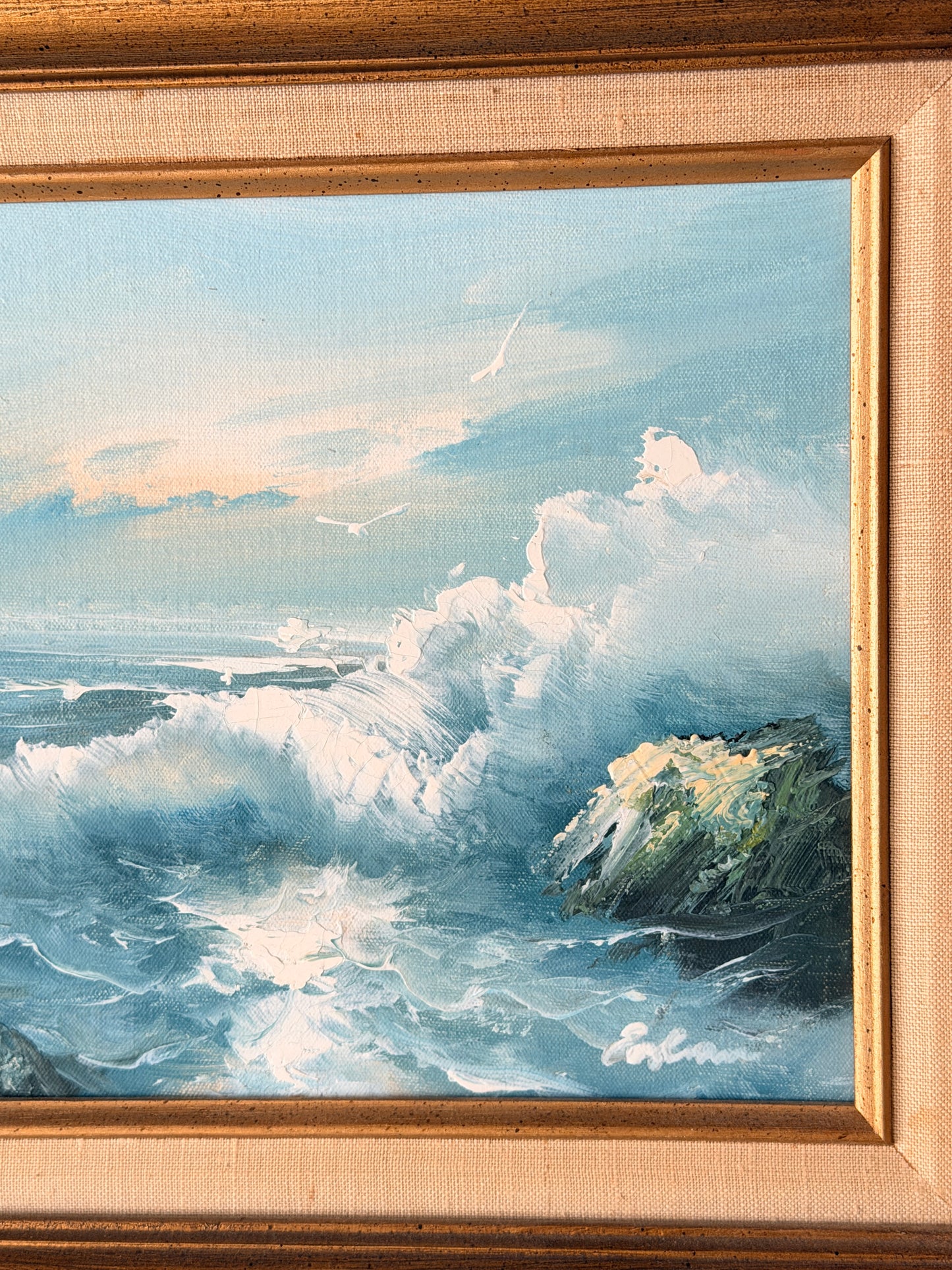 Vintage Original Framed & Signed Crashing Waves Oil Painting
