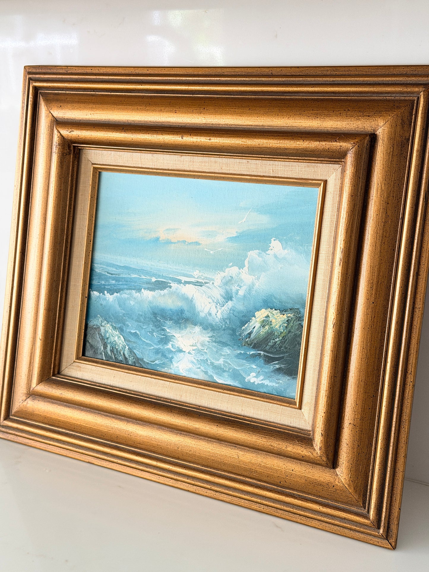 Vintage Original Framed & Signed Crashing Waves Oil Painting