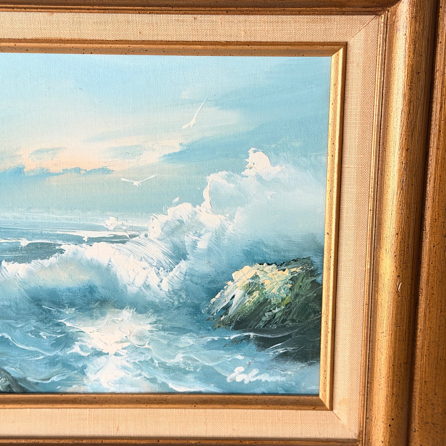 Vintage Original Framed & Signed Crashing Waves Oil Painting