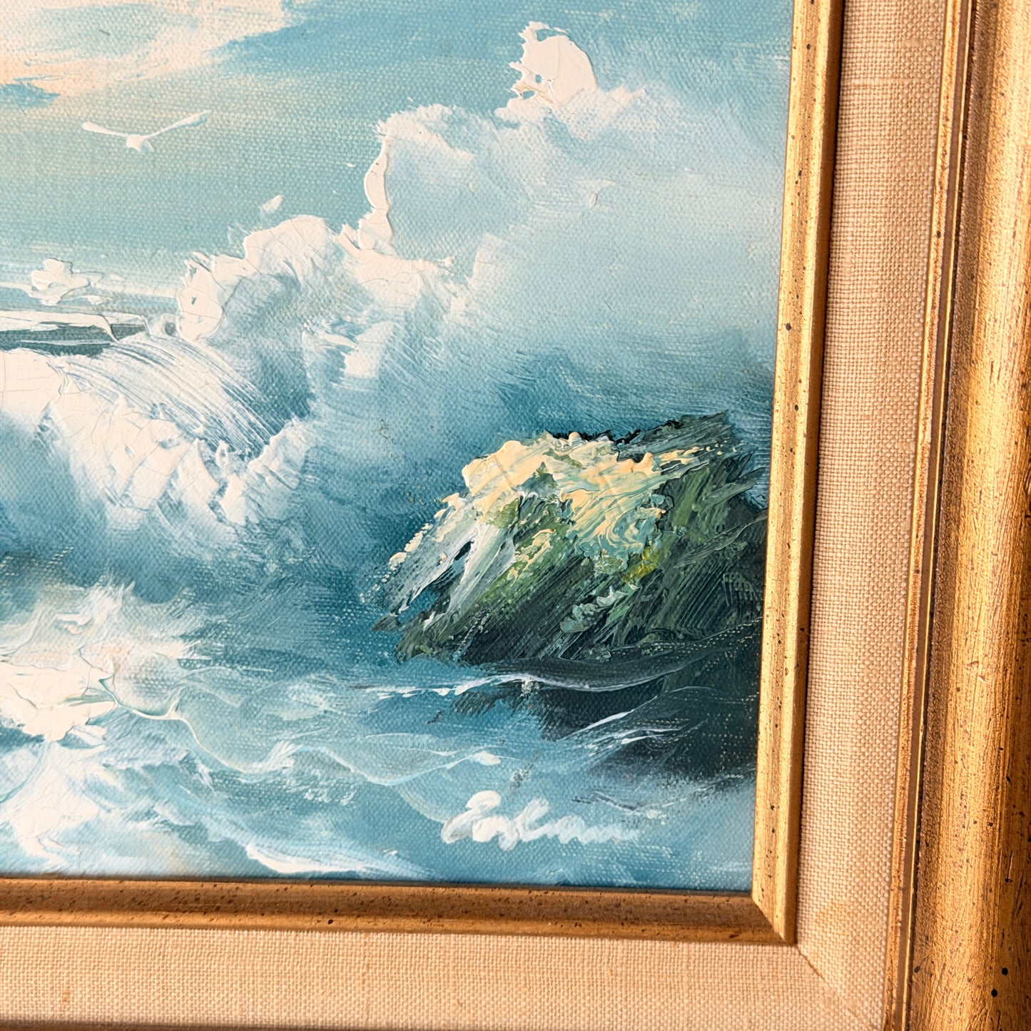 Vintage Original Framed & Signed Crashing Waves Oil Painting