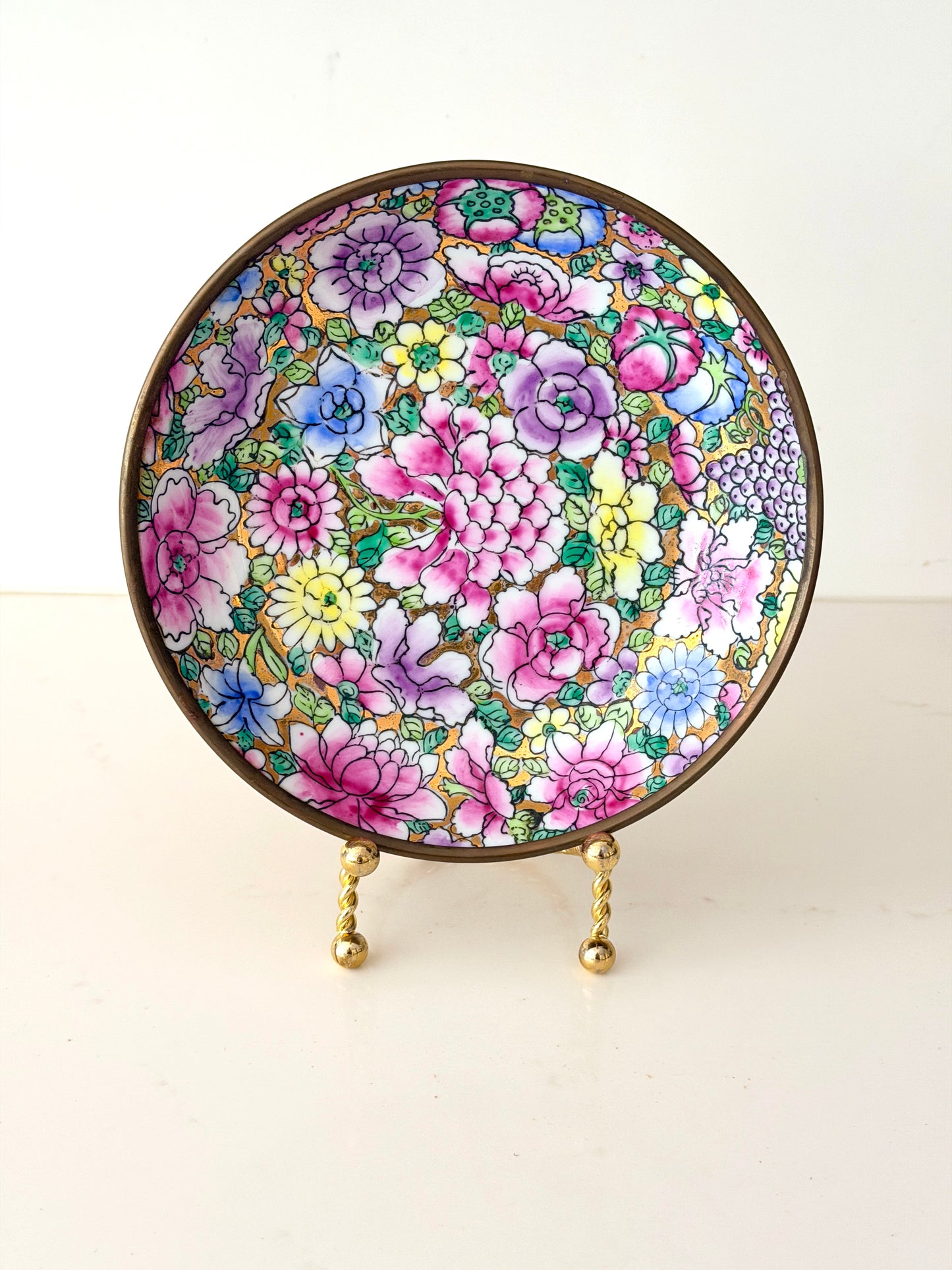 Vintage Mille Fleur Chinese Porcelain and Brass Shallow Bowl