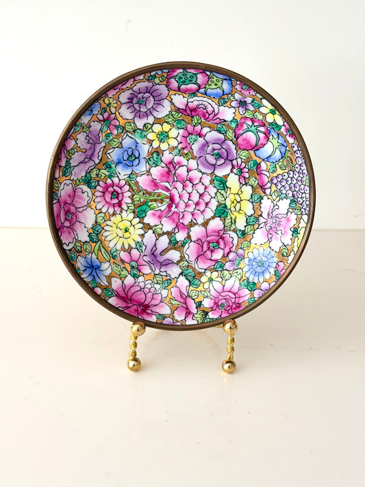Vintage Mille Fleur Chinese Porcelain and Brass Shallow Bowl
