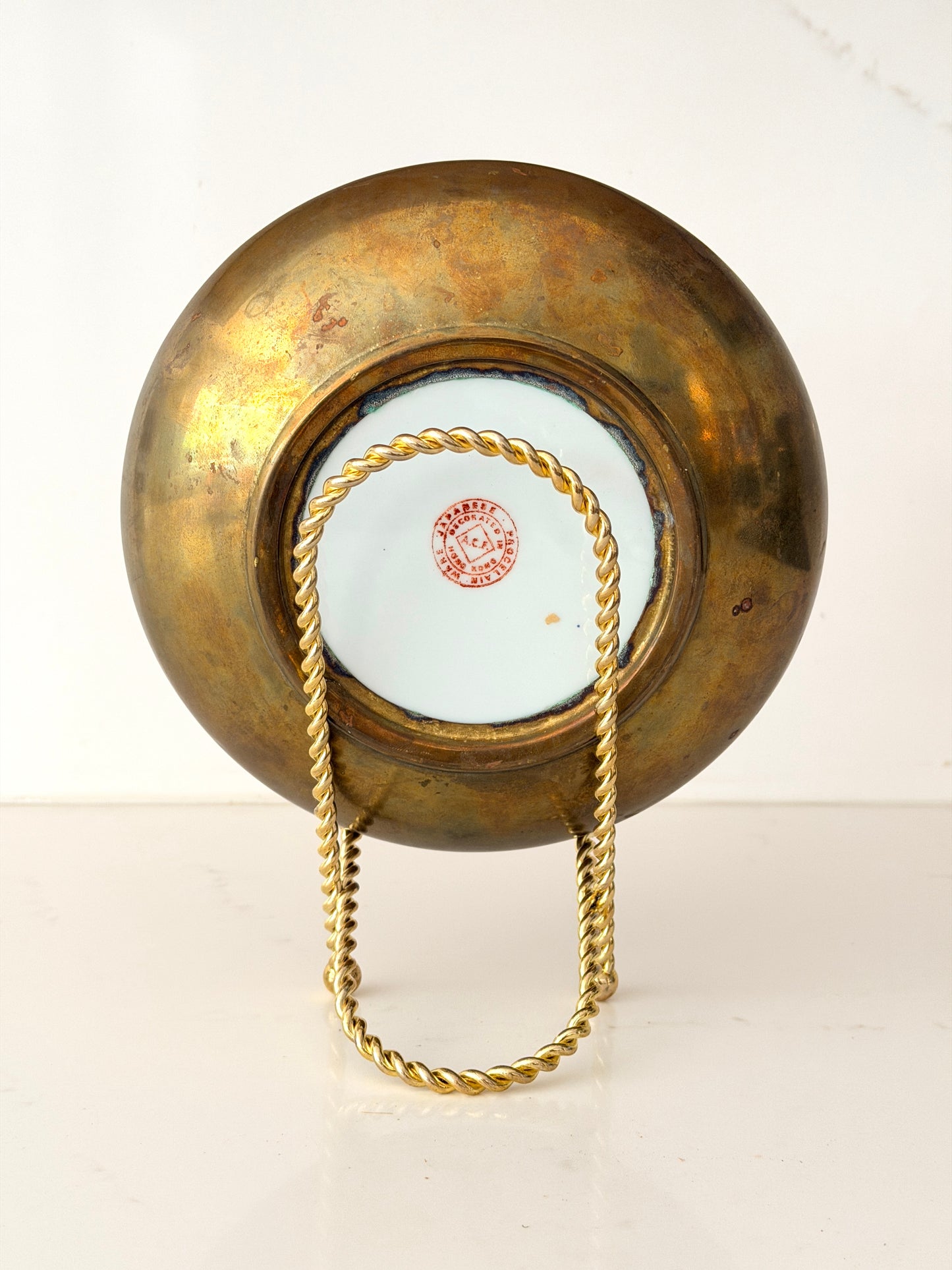 Vintage Mille Fleur Chinese Porcelain and Brass Shallow Bowl