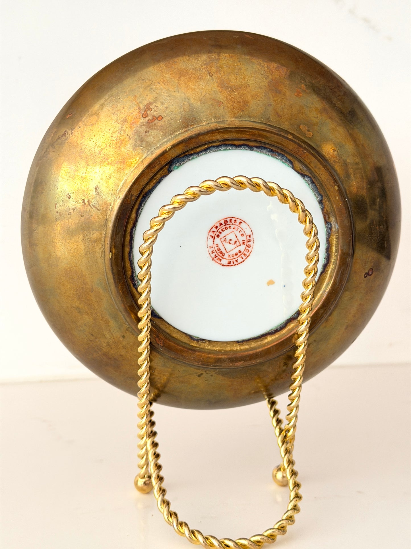 Vintage Mille Fleur Chinese Porcelain and Brass Shallow Bowl