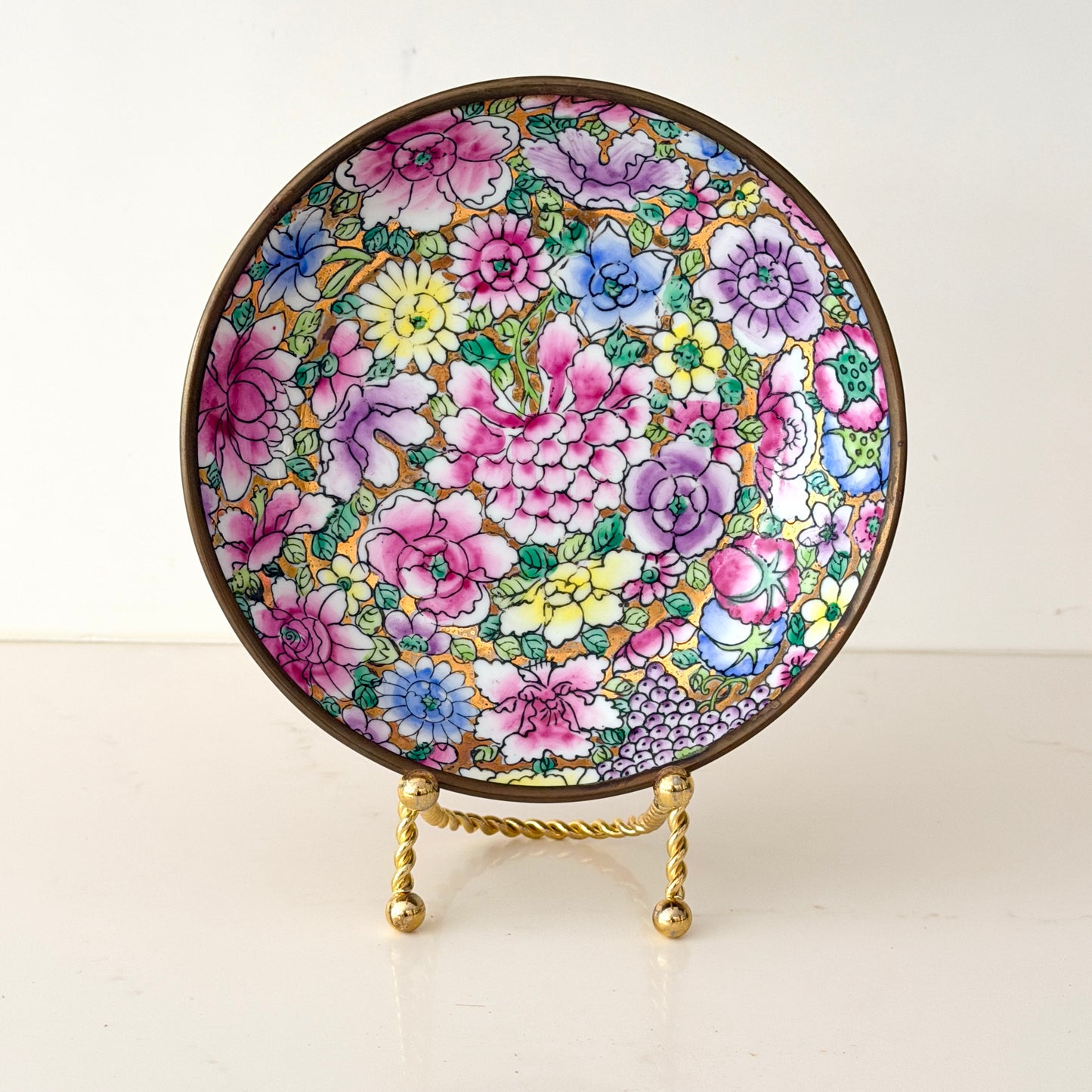 Vintage Mille Fleur Chinese Porcelain and Brass Shallow Bowl