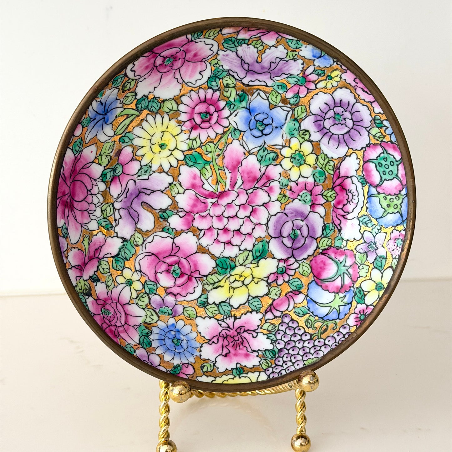 Vintage Mille Fleur Chinese Porcelain and Brass Shallow Bowl