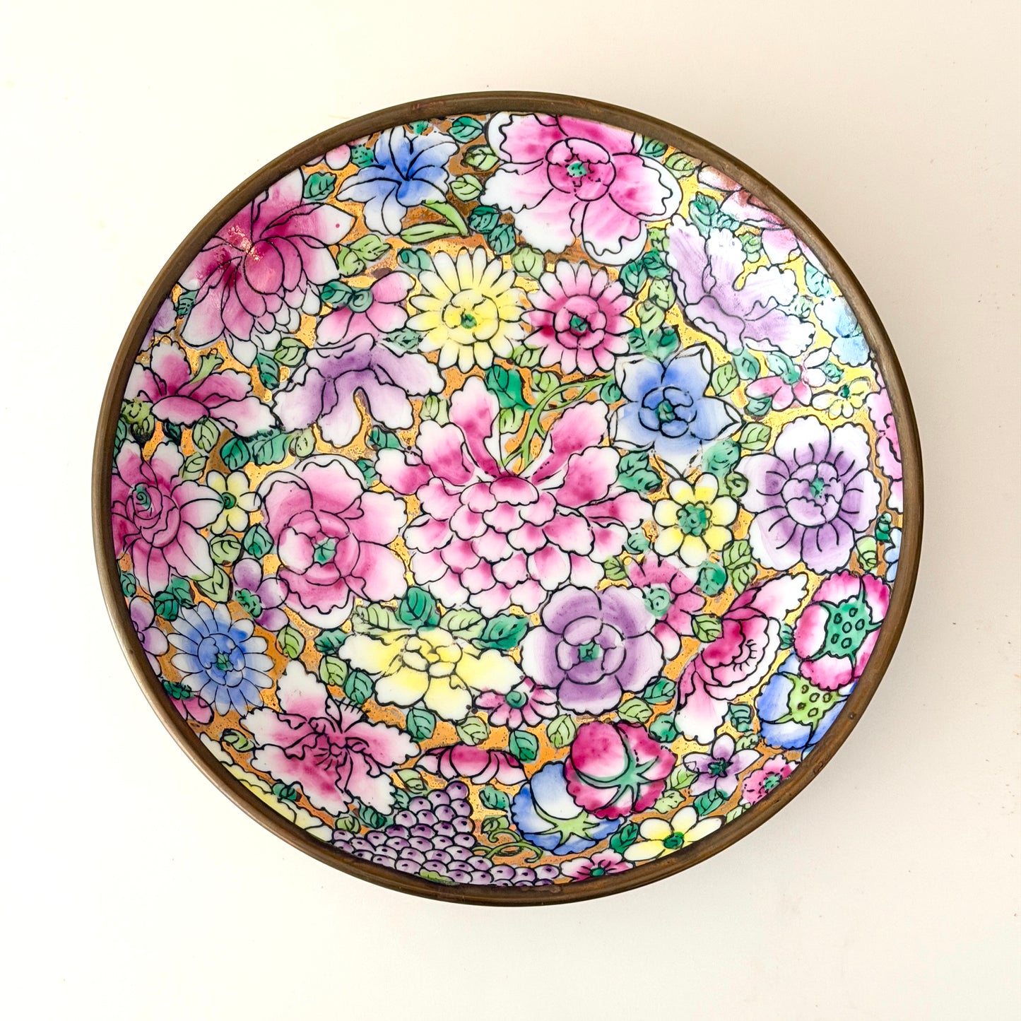 Vintage Mille Fleur Chinese Porcelain and Brass Shallow Bowl