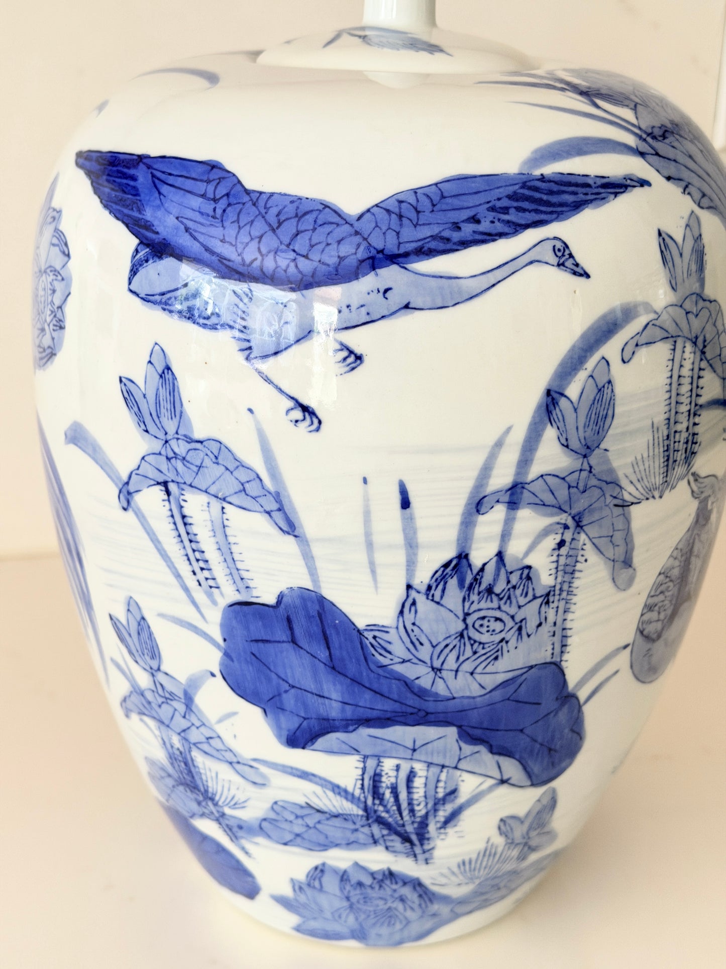 Large Vintage Melon Jar with Chinoiserie Crane Motif