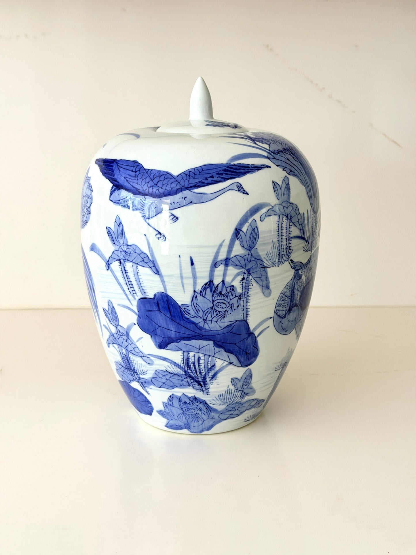 Large Vintage Melon Jar with Chinoiserie Crane Motif