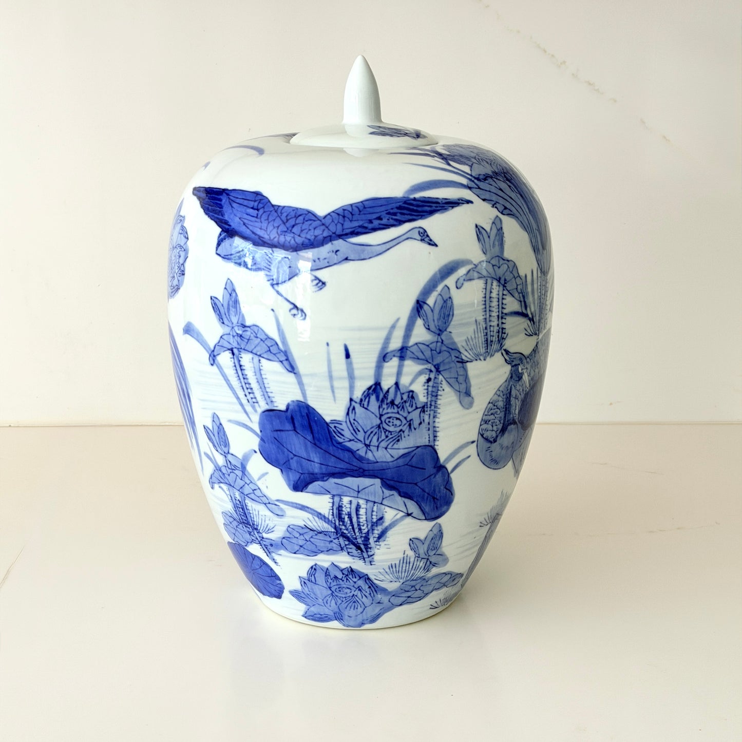 Large Vintage Melon Jar with Chinoiserie Crane Motif