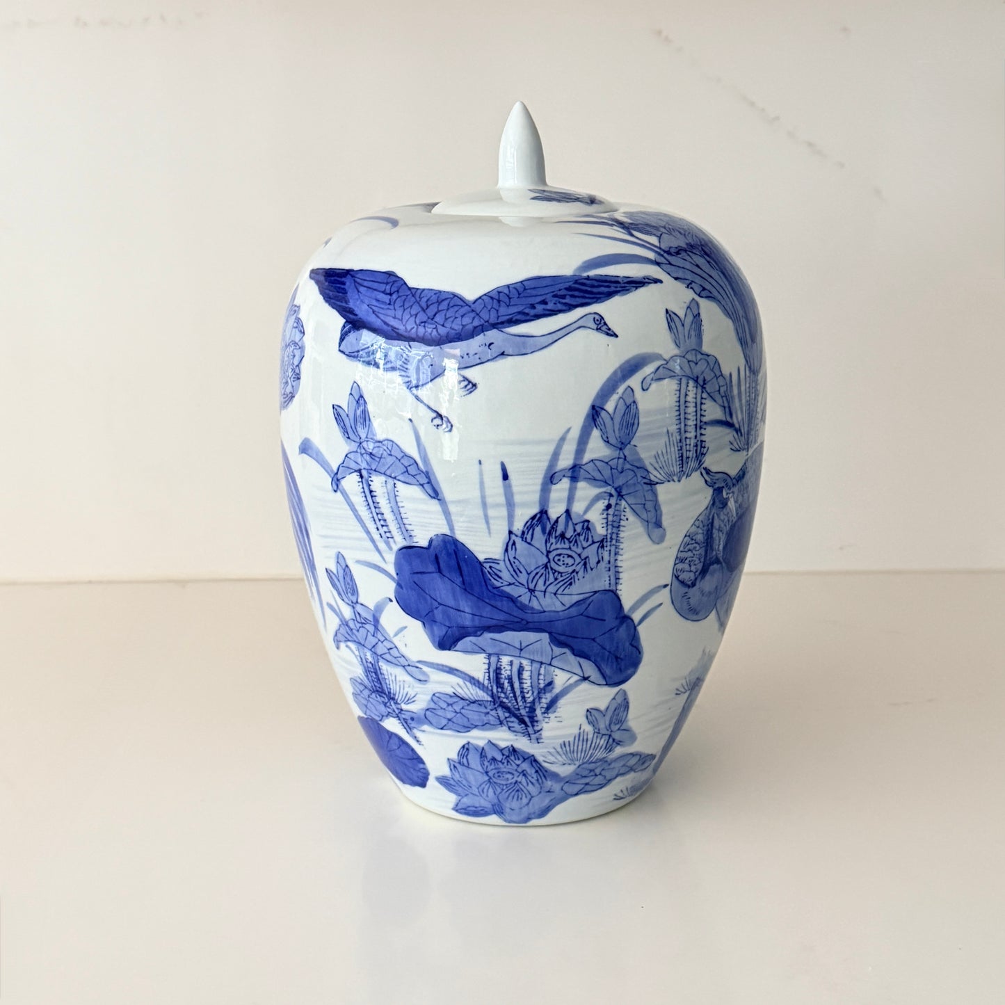 Large Vintage Melon Jar with Chinoiserie Crane Motif