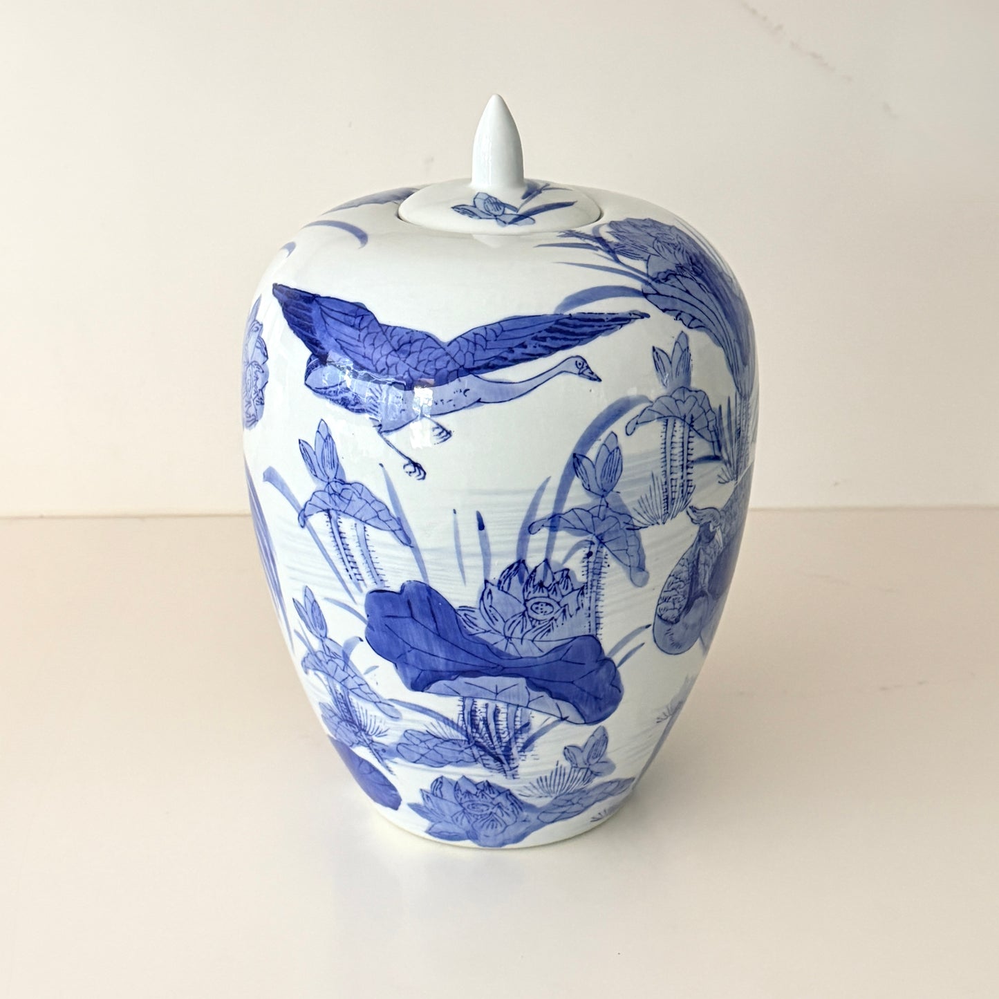 Large Vintage Melon Jar with Chinoiserie Crane Motif