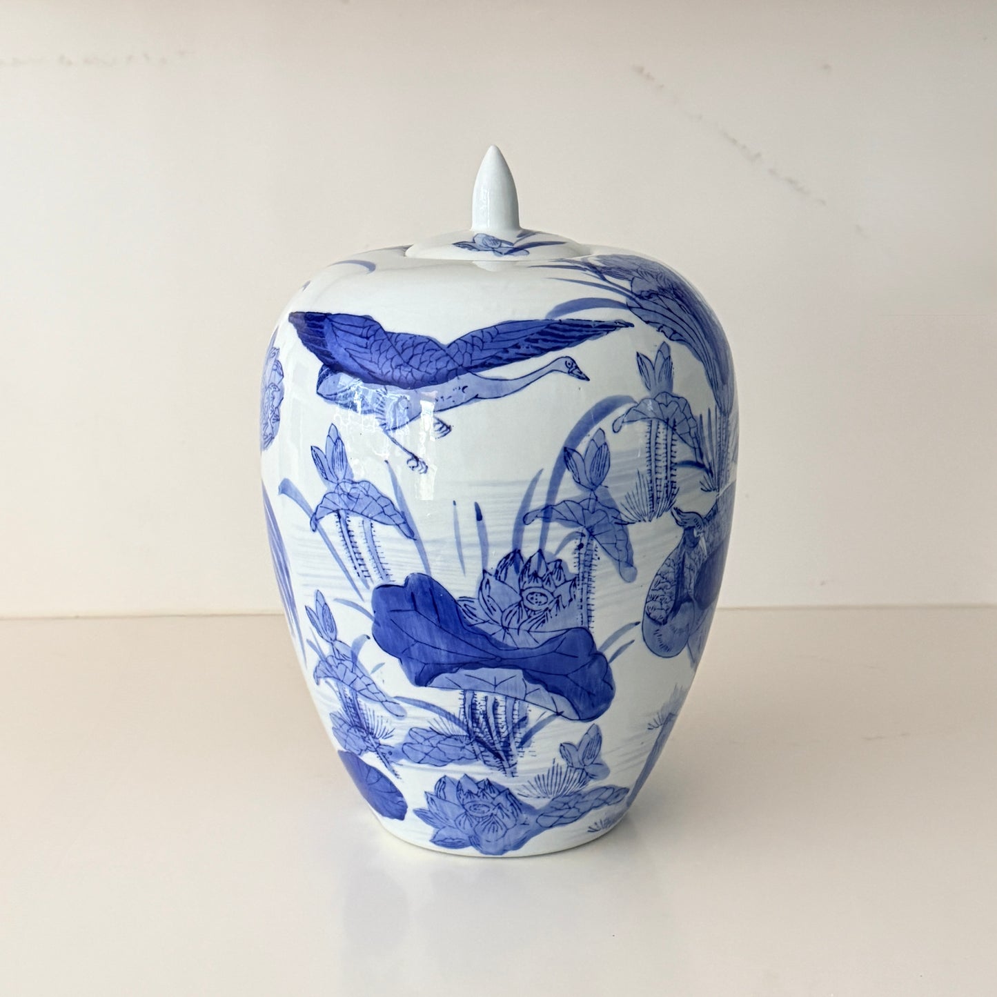 Large Vintage Melon Jar with Chinoiserie Crane Motif