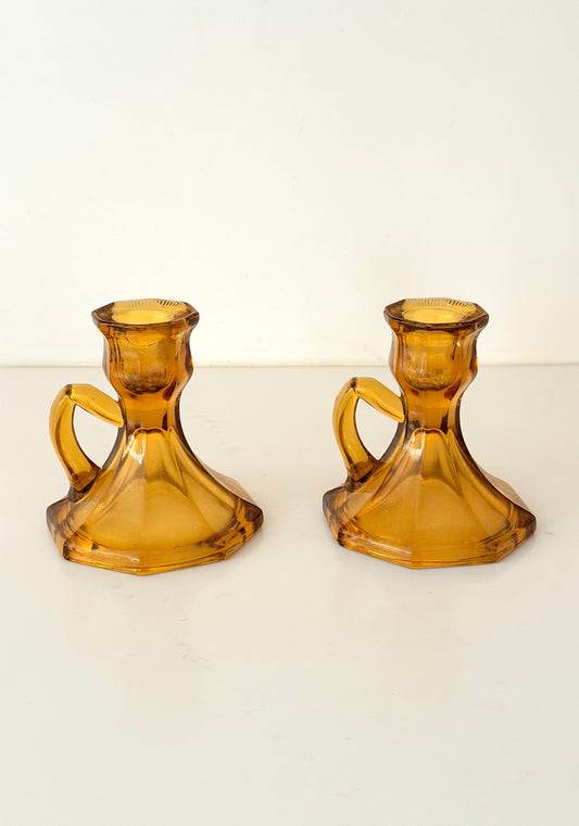 Vintage Anchor Hocking Amber Candlestick Holders