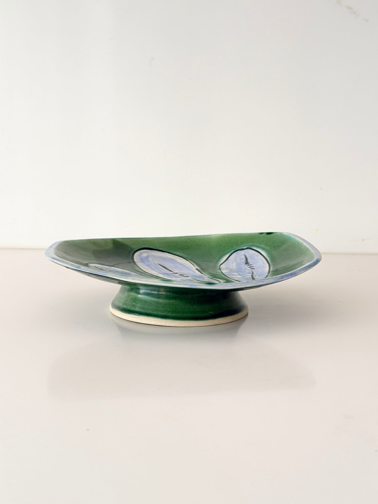 Vintage Hand Thrown Pottery Pedestal Bowl with Abstract Design