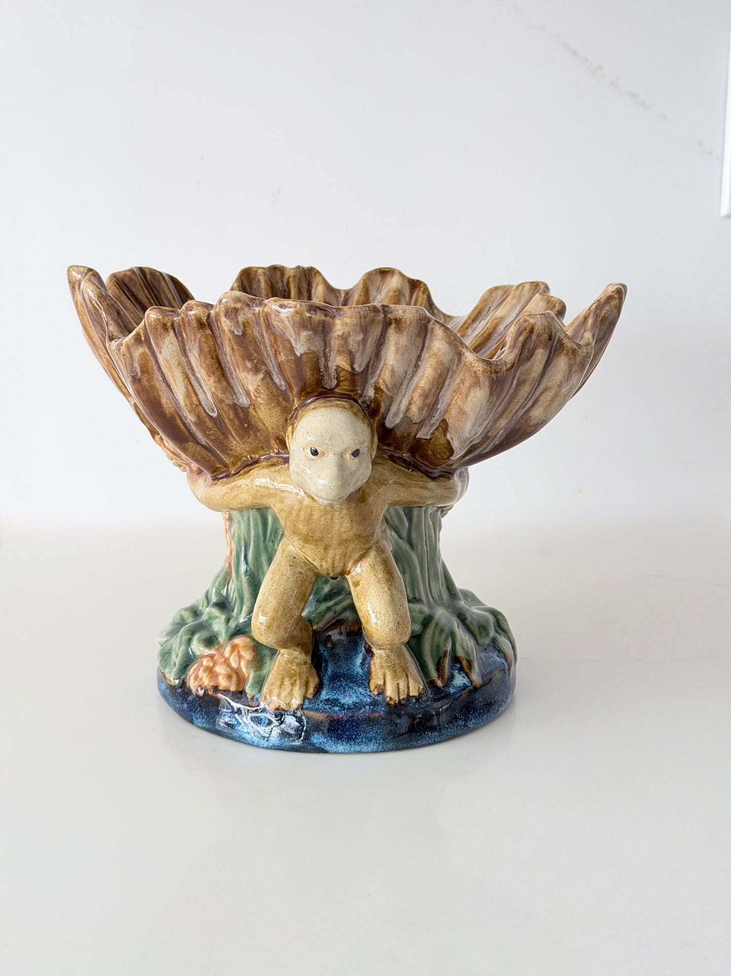 Vintage Majolica Monkey Compote Dish