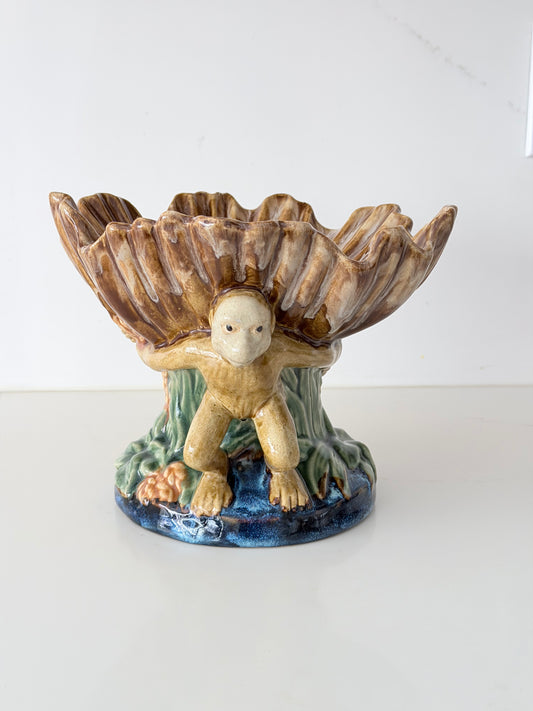 Vintage Majolica Monkey Compote Dish