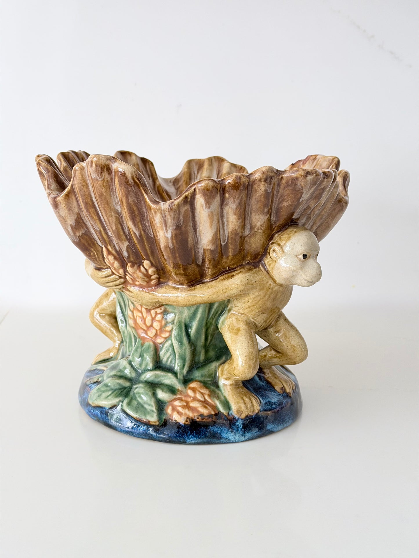 Vintage Majolica Monkey Compote Dish