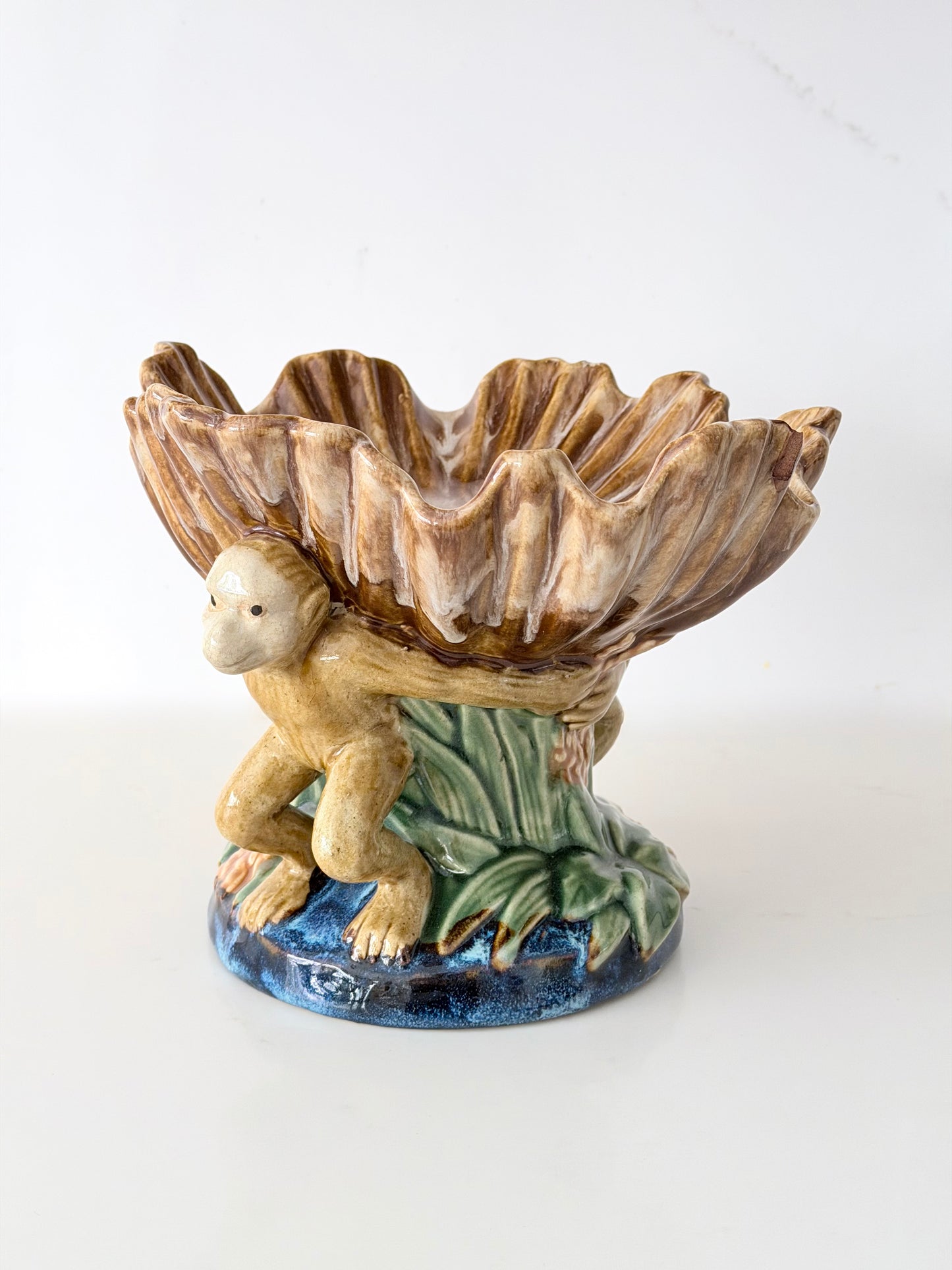 Vintage Majolica Monkey Compote Dish