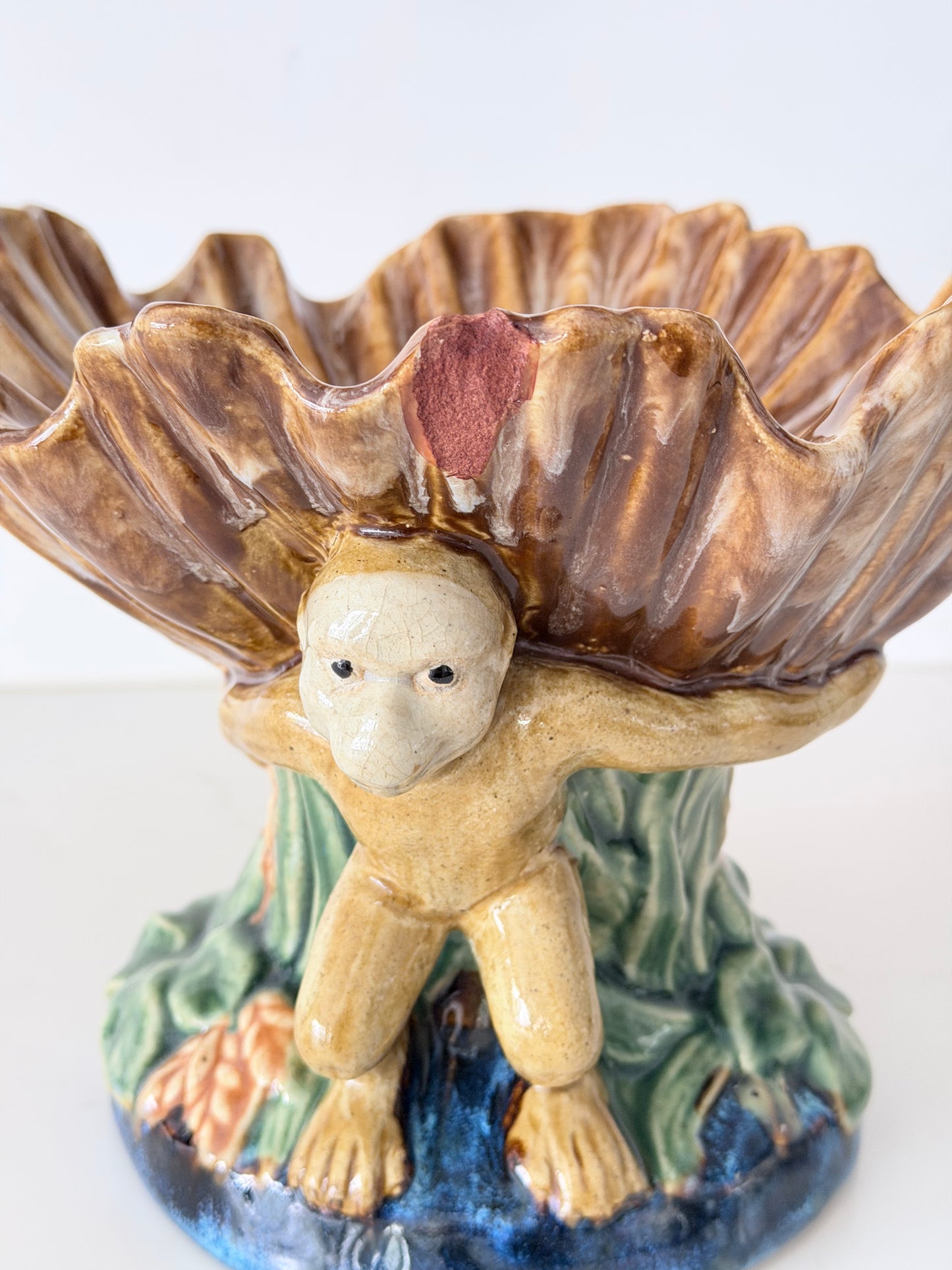 Vintage Majolica Monkey Compote Dish