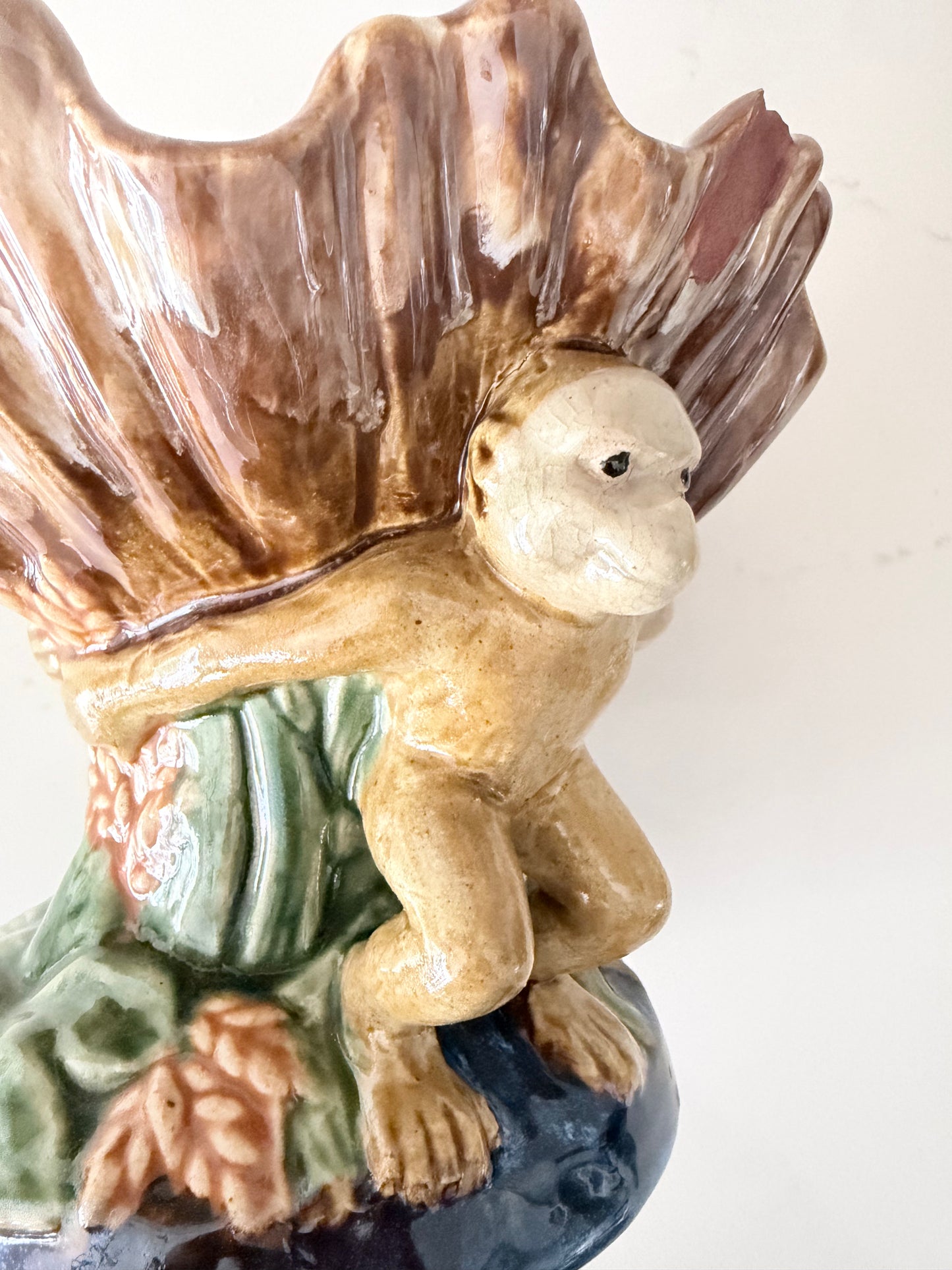 Vintage Majolica Monkey Compote Dish