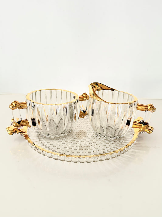 Vintage Jeannette Glass Sugar Bowl and Creamer Set with 22k Gold Rim