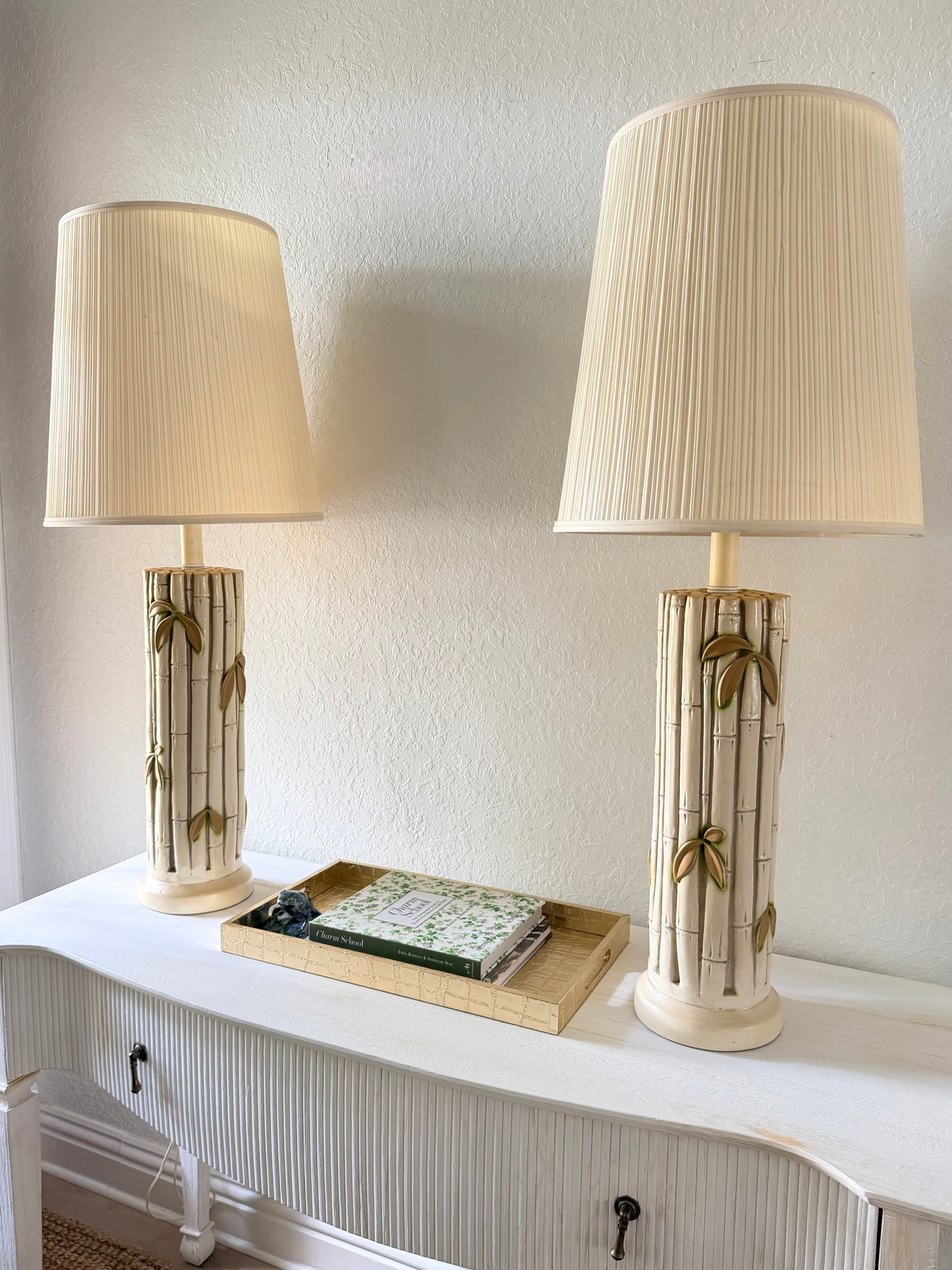 Pair of Large Vintage Ceramic Bamboo Lamps
