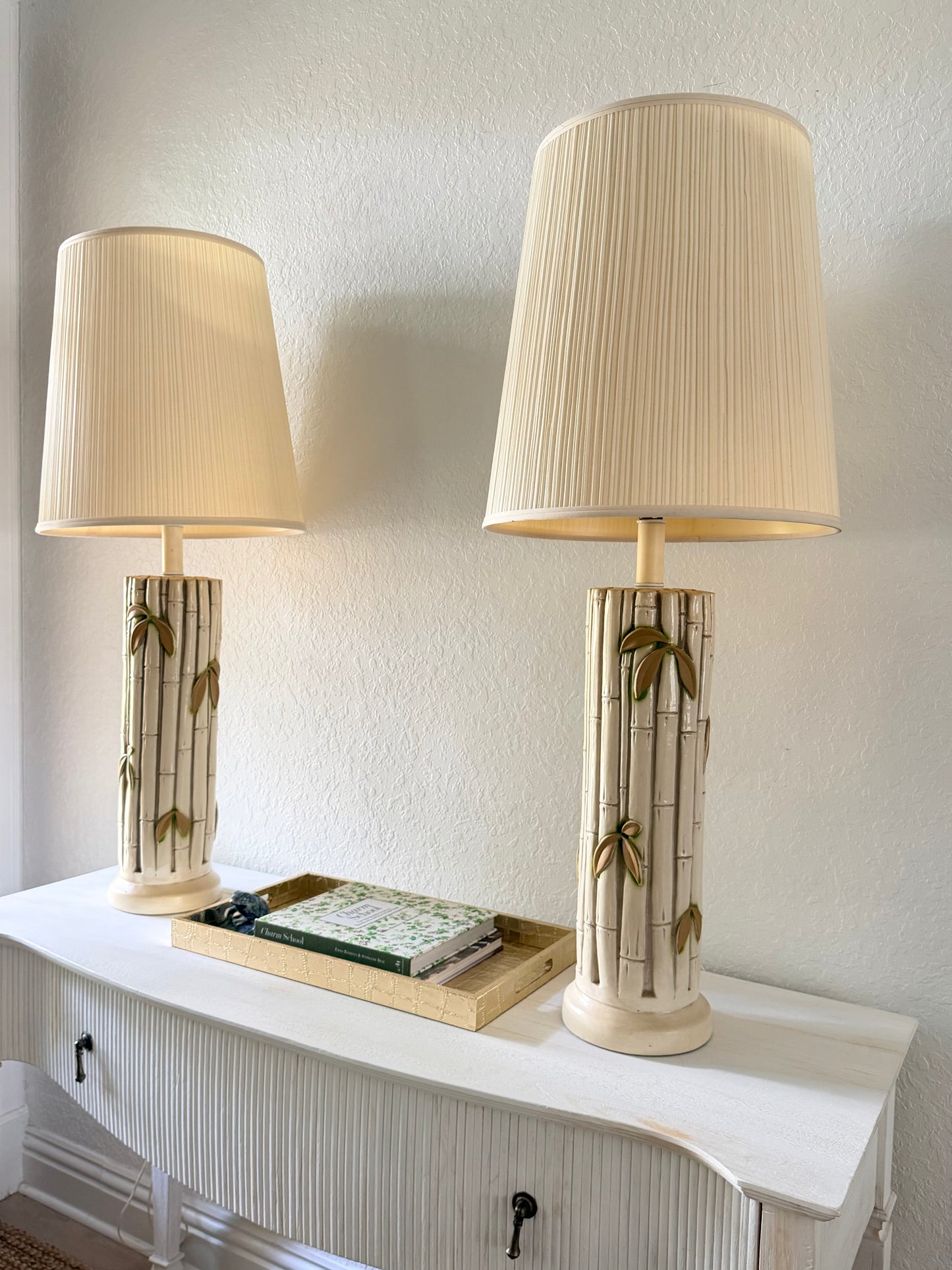 Pair of Large Vintage Ceramic Bamboo Lamps