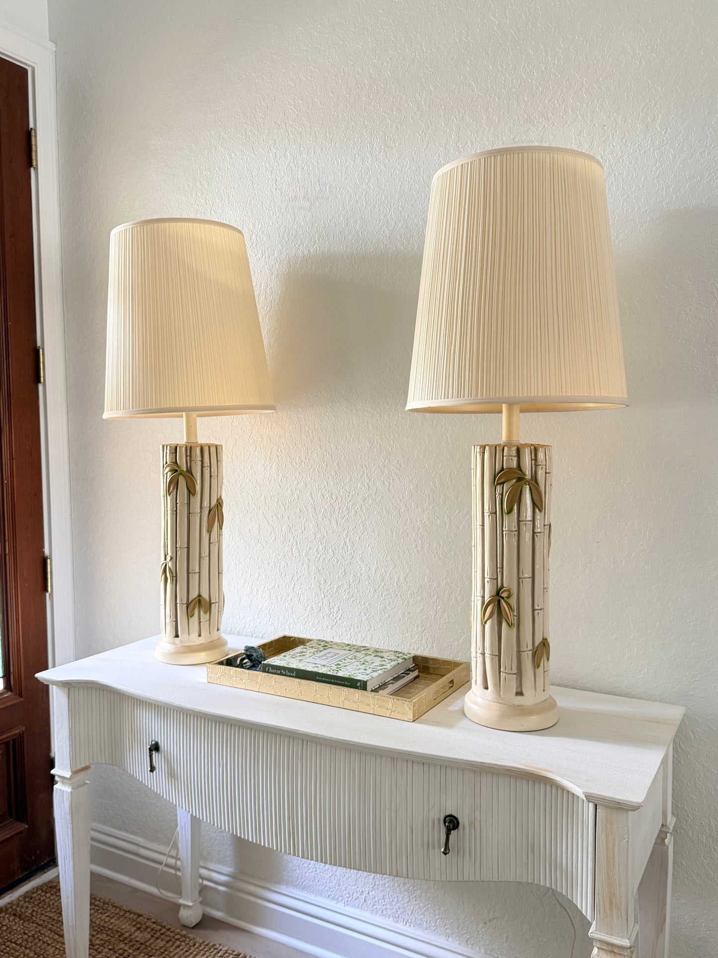 Pair of Large Vintage Ceramic Bamboo Lamps