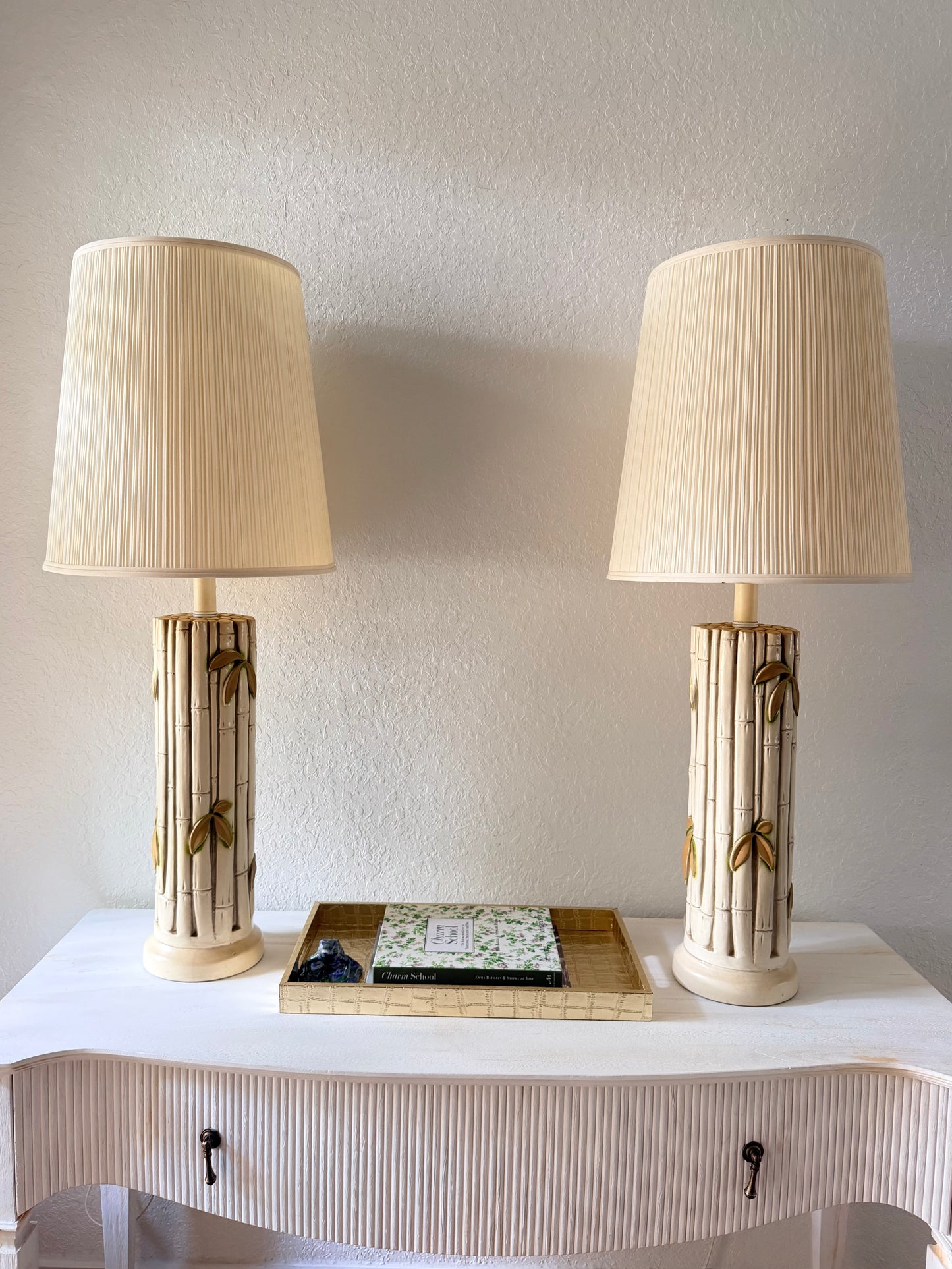 Pair of Large Vintage Ceramic Bamboo Lamps