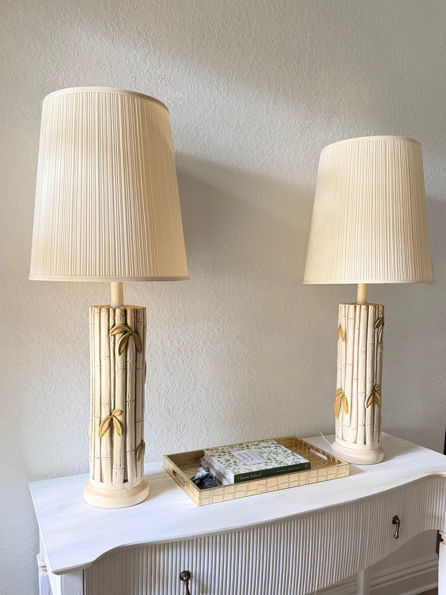 Pair of Large Vintage Ceramic Bamboo Lamps