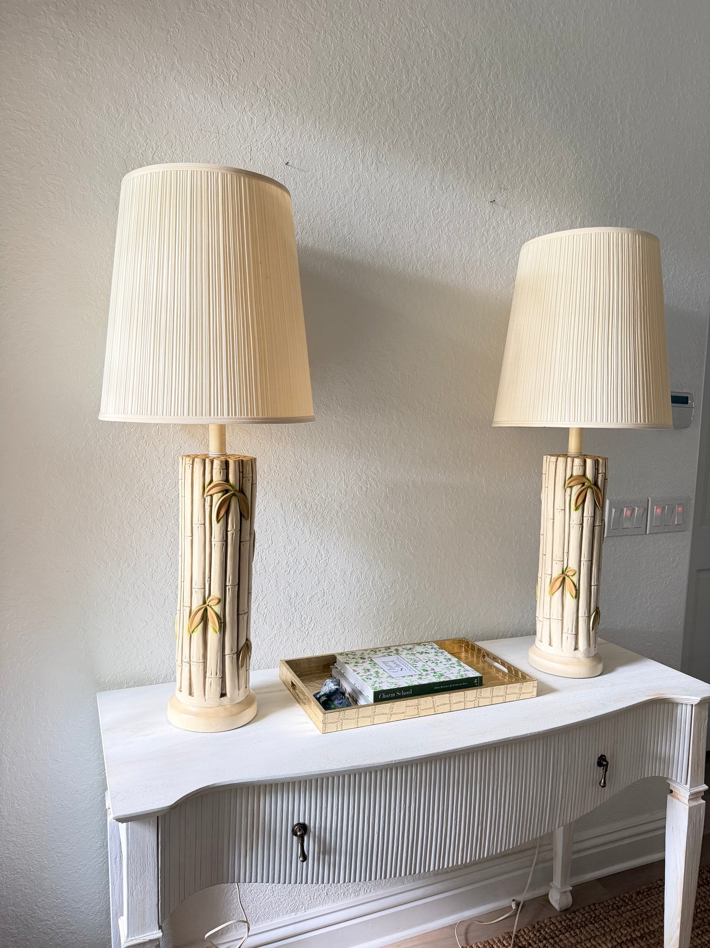 Pair of Large Vintage Ceramic Bamboo Lamps