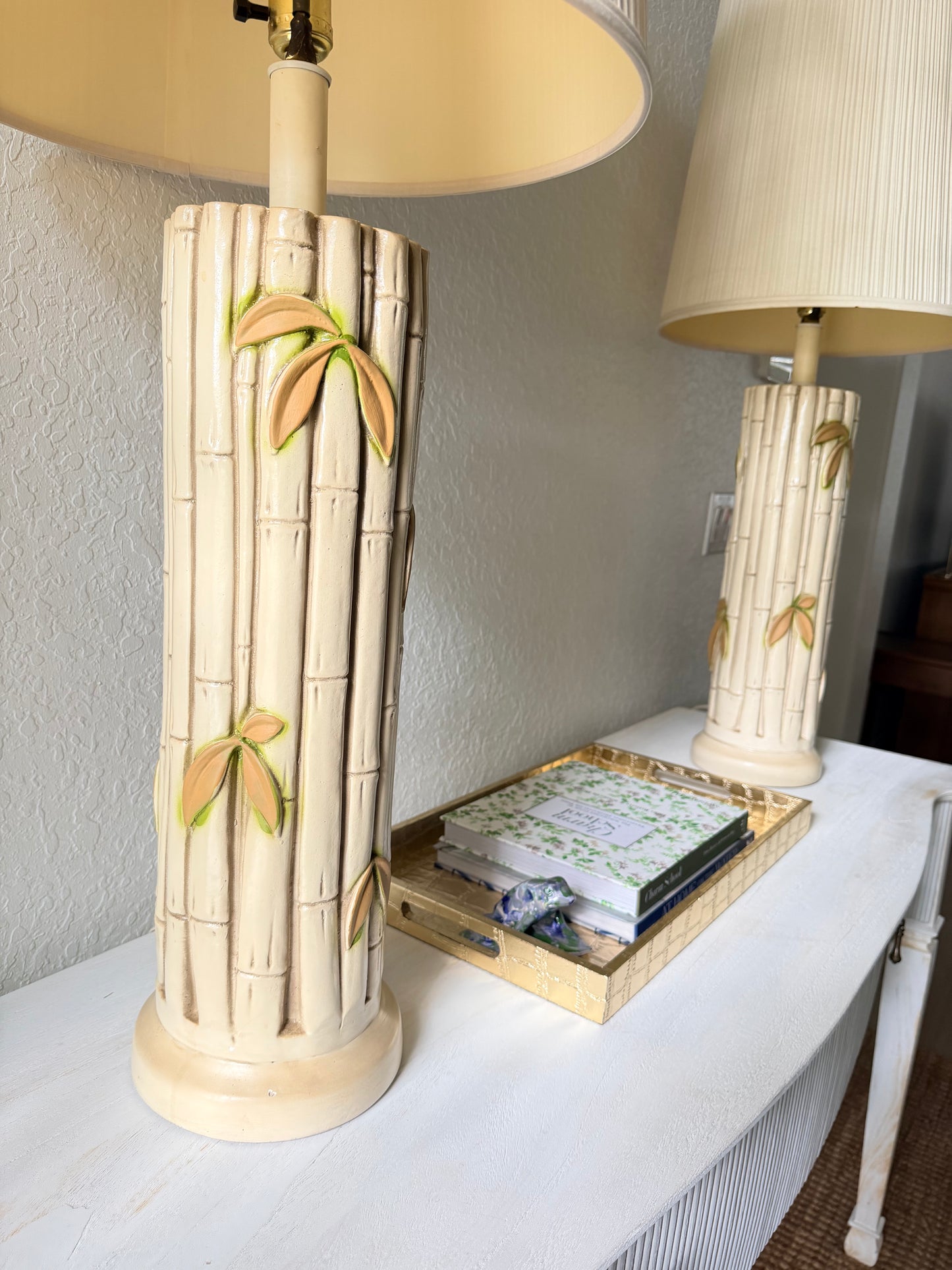 Pair of Large Vintage Ceramic Bamboo Lamps