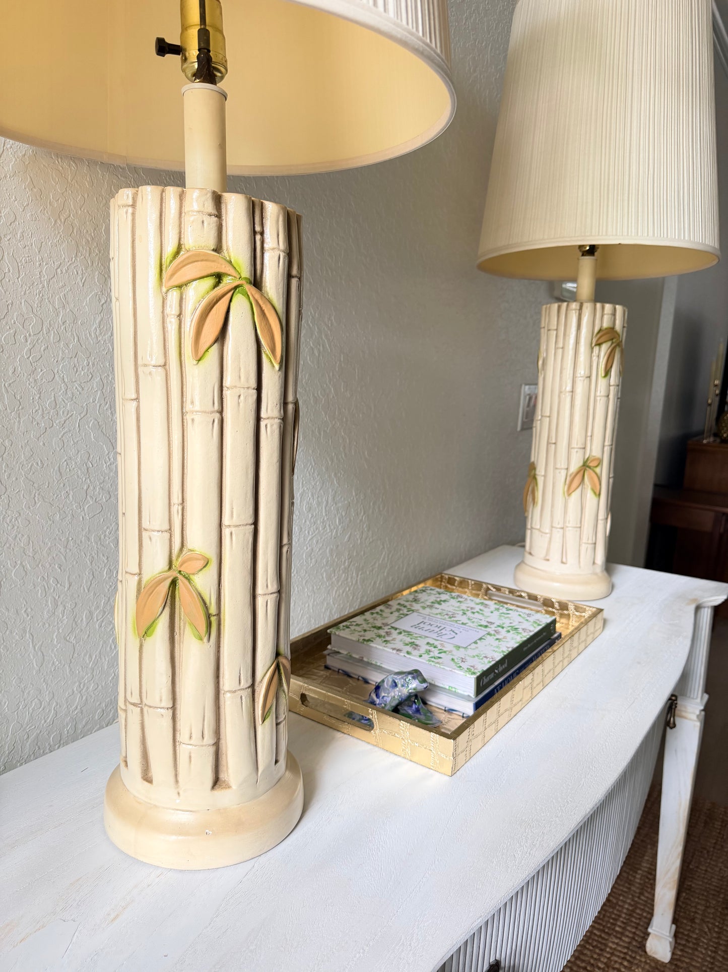 Pair of Large Vintage Ceramic Bamboo Lamps