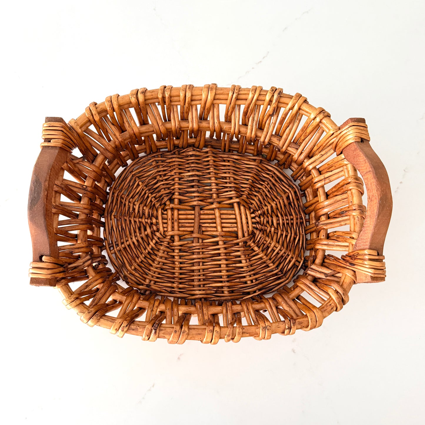 Vintage Hand Woven Wicker Basket with Wood Handles