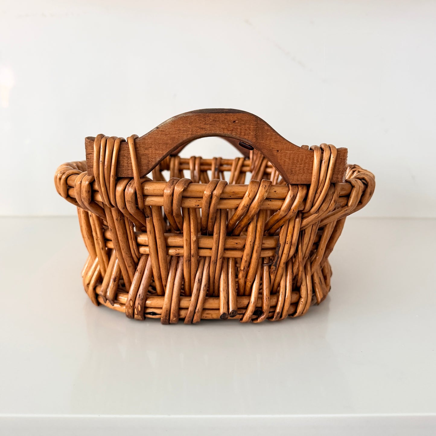 Vintage Hand Woven Wicker Basket with Wood Handles