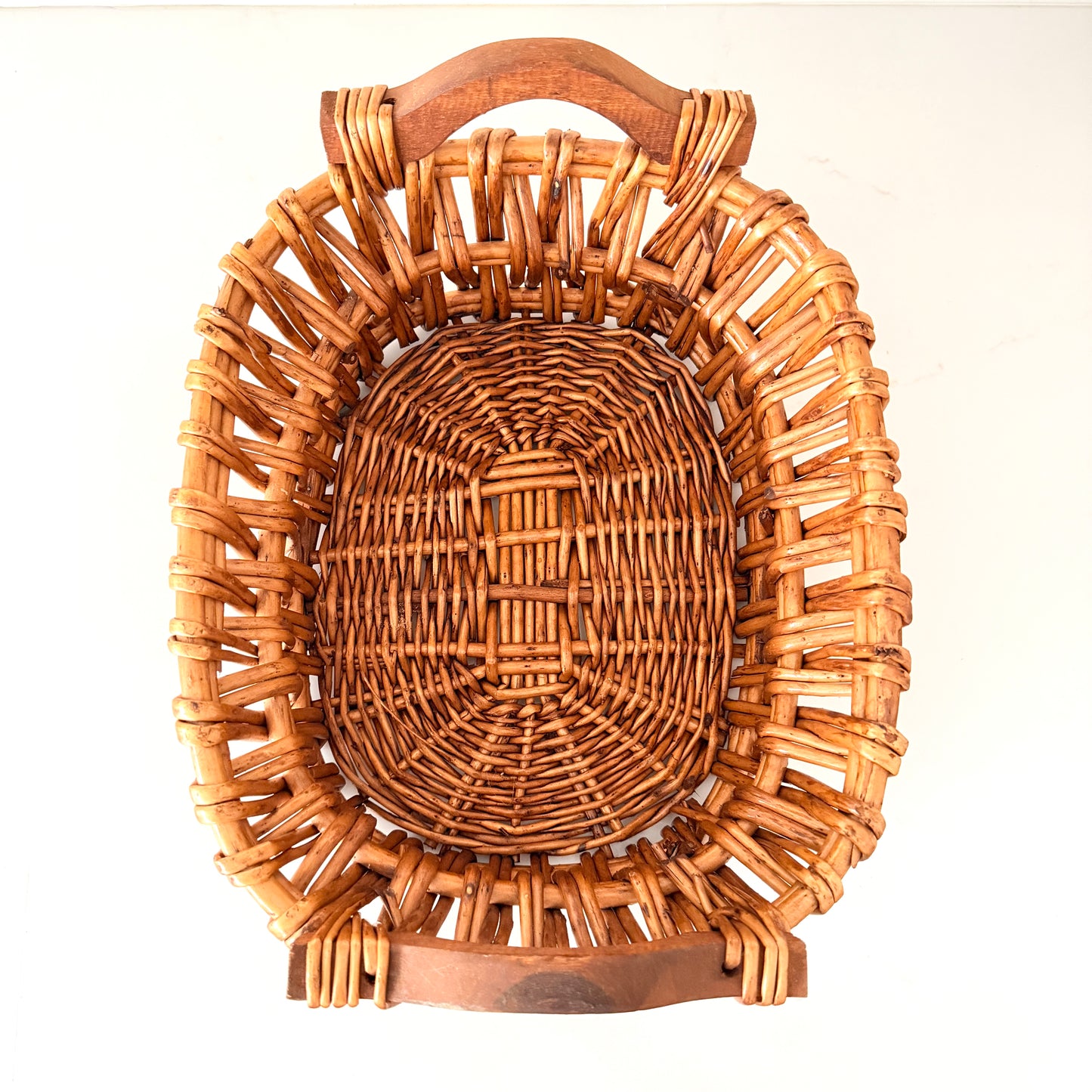 Vintage Hand Woven Wicker Basket with Wood Handles