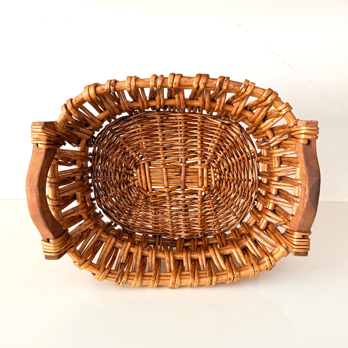 Vintage Hand Woven Wicker Basket with Wood Handles