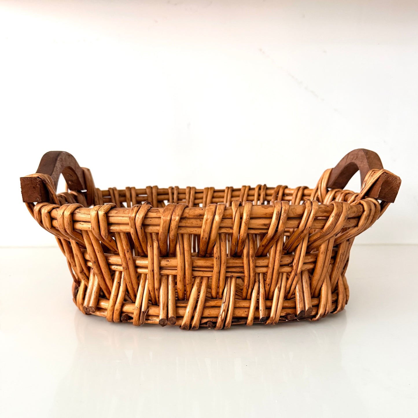 Vintage Hand Woven Wicker Basket with Wood Handles