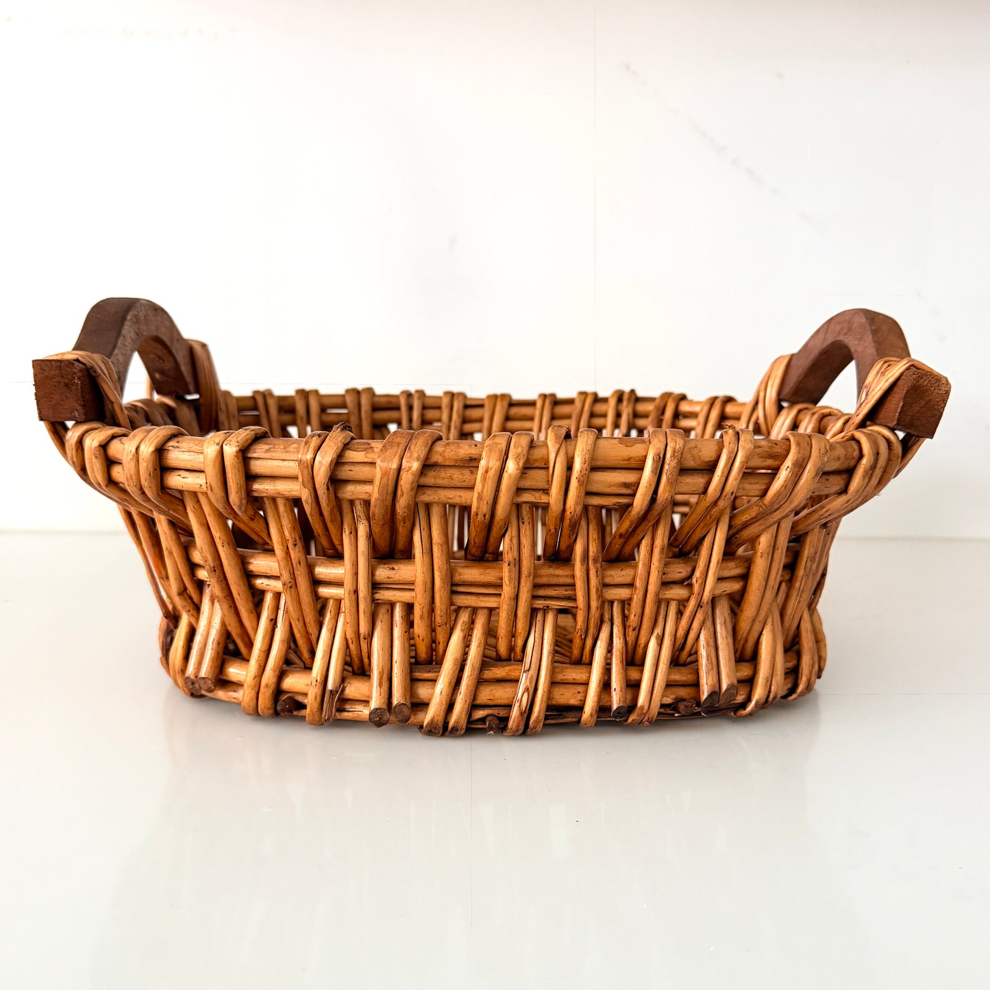 Vintage Hand Woven Wicker Basket with Wood Handles