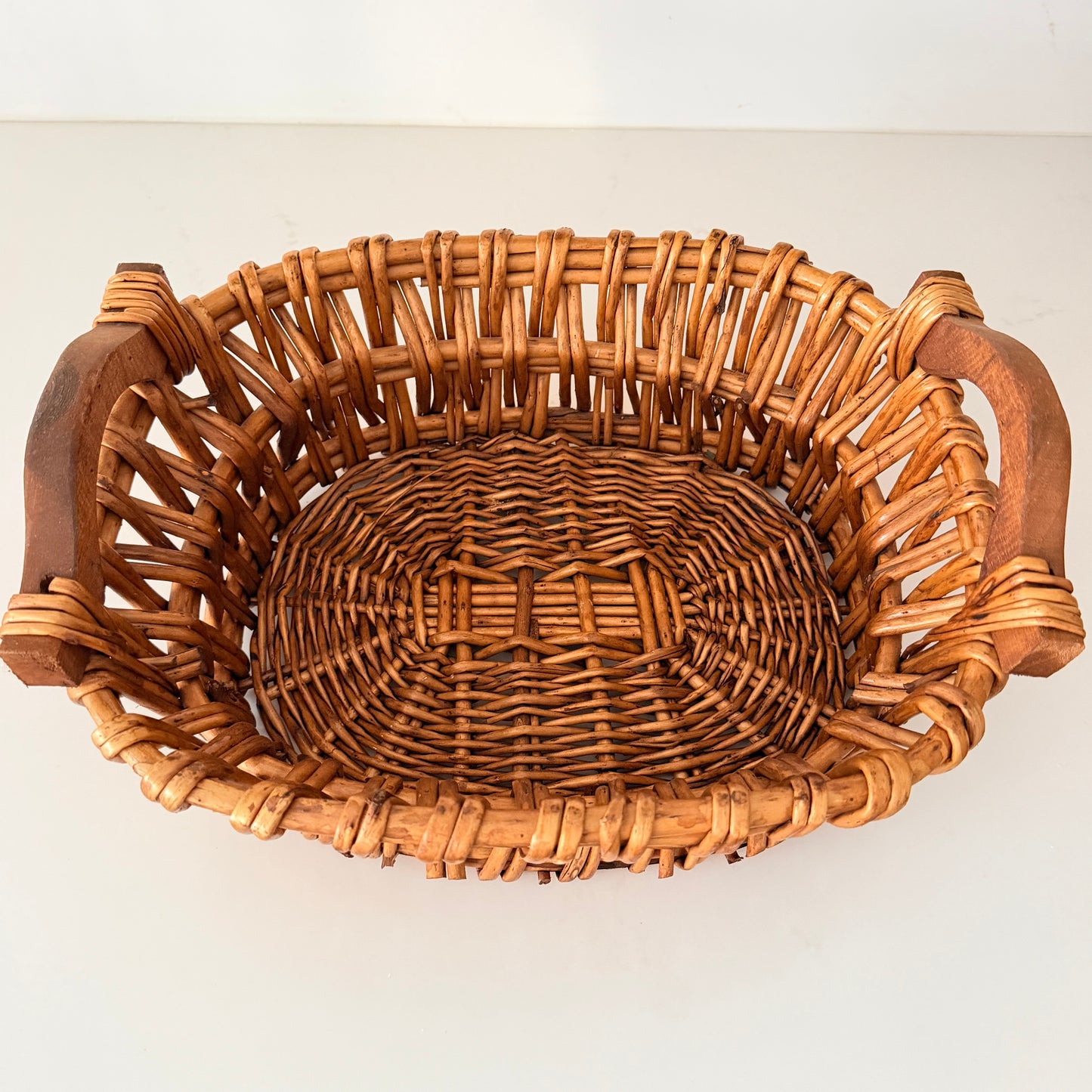Vintage Hand Woven Wicker Basket with Wood Handles