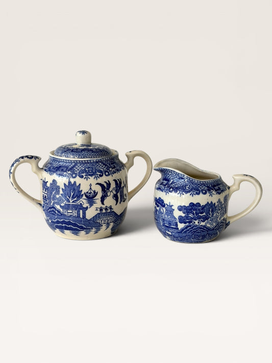 Vintage Blue Willow Creamer & Covered Sugar Bowl Set